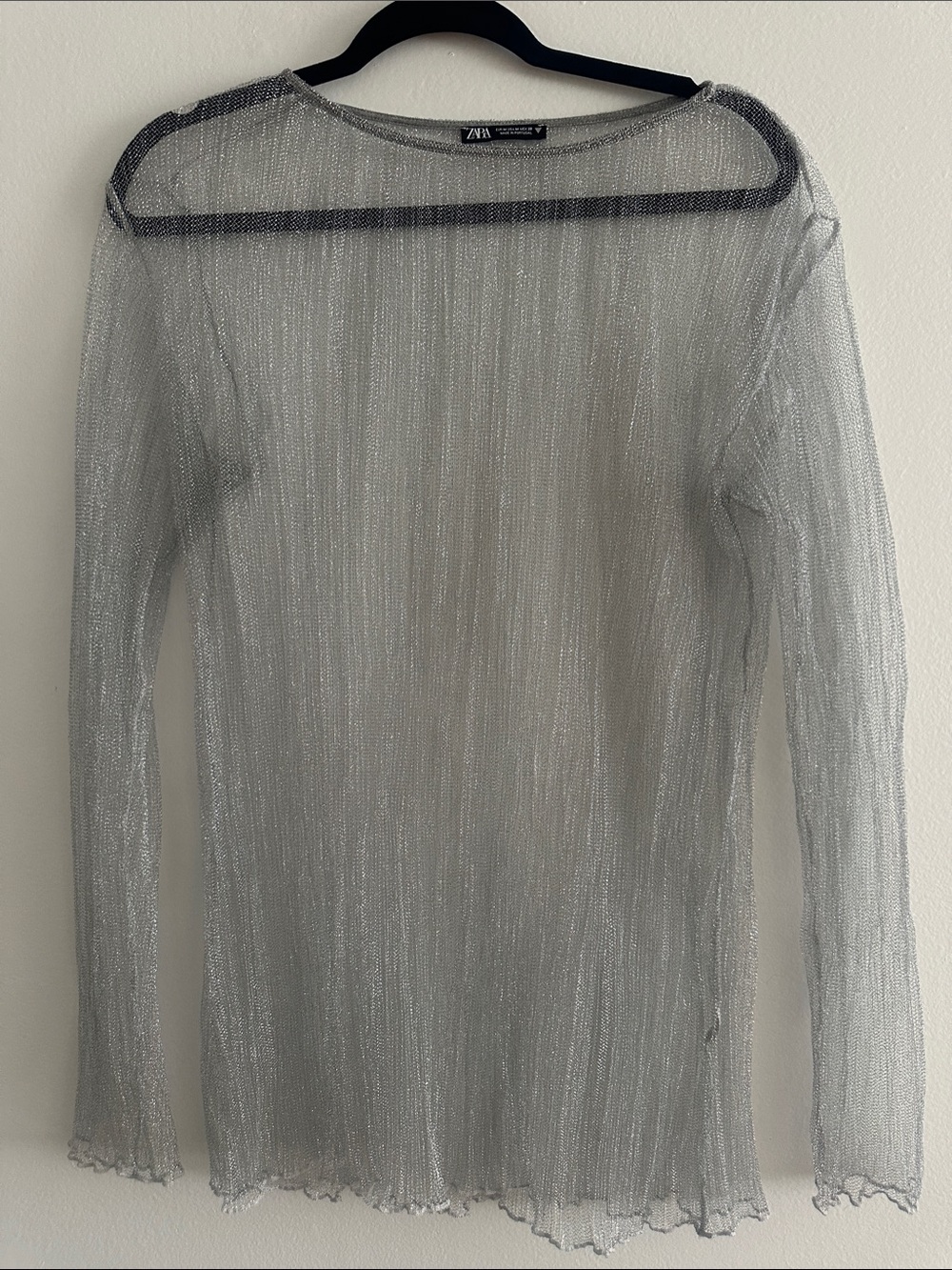 Zara Silver Sheer Metallic Long Sleeve Top